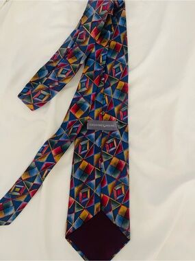 Geoffrey Beene Blue, Red & Gold Geometric Silk Tie
